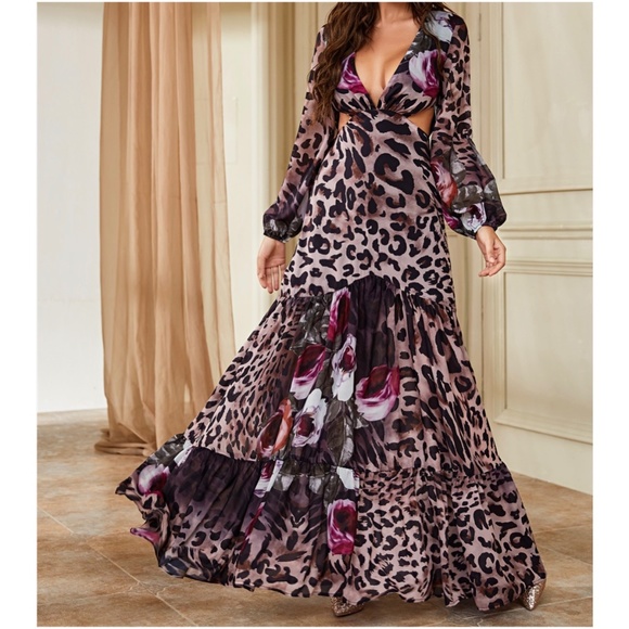 Bellanblue Dresses & Skirts - Boho Leopard Print Floral Cut out Puff Sleeve Ruffle Maxi Dress